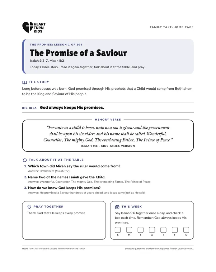 A Family Take-Home Page for The Promise of a Saviour, with the story, the memory verse, questions and a prayer