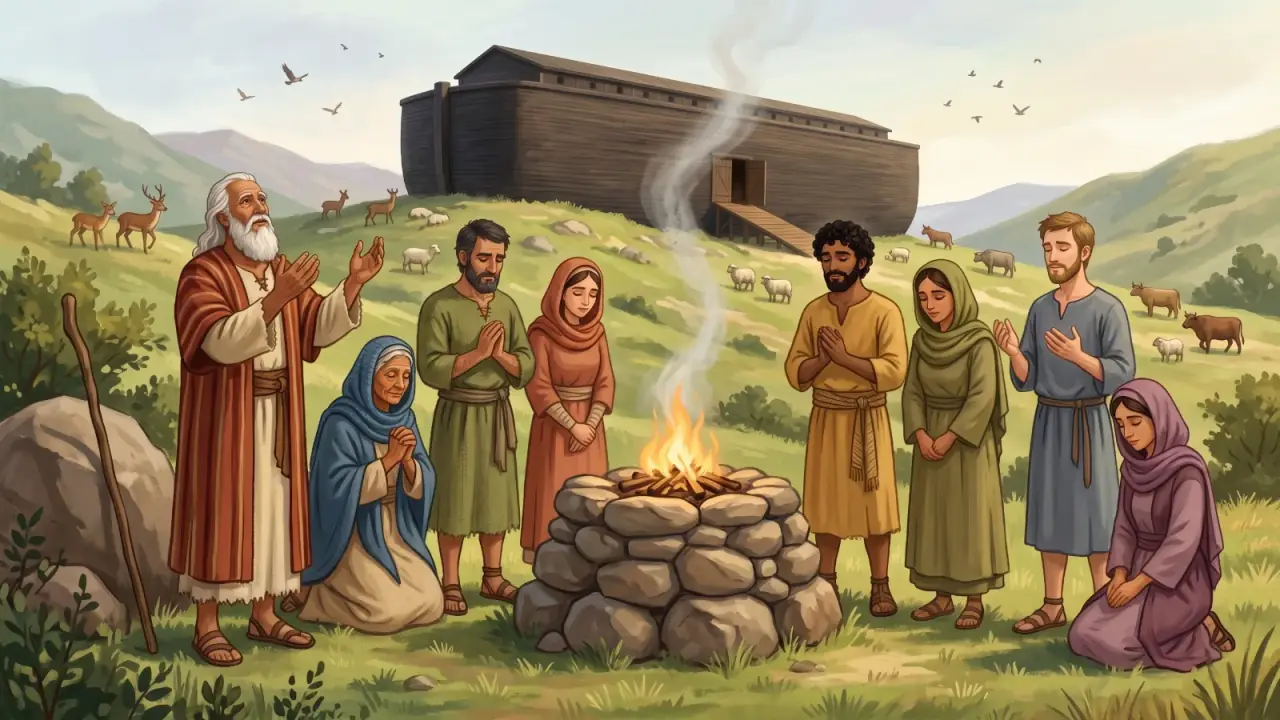 Noah and his family praying beside an altar, the ark behind them