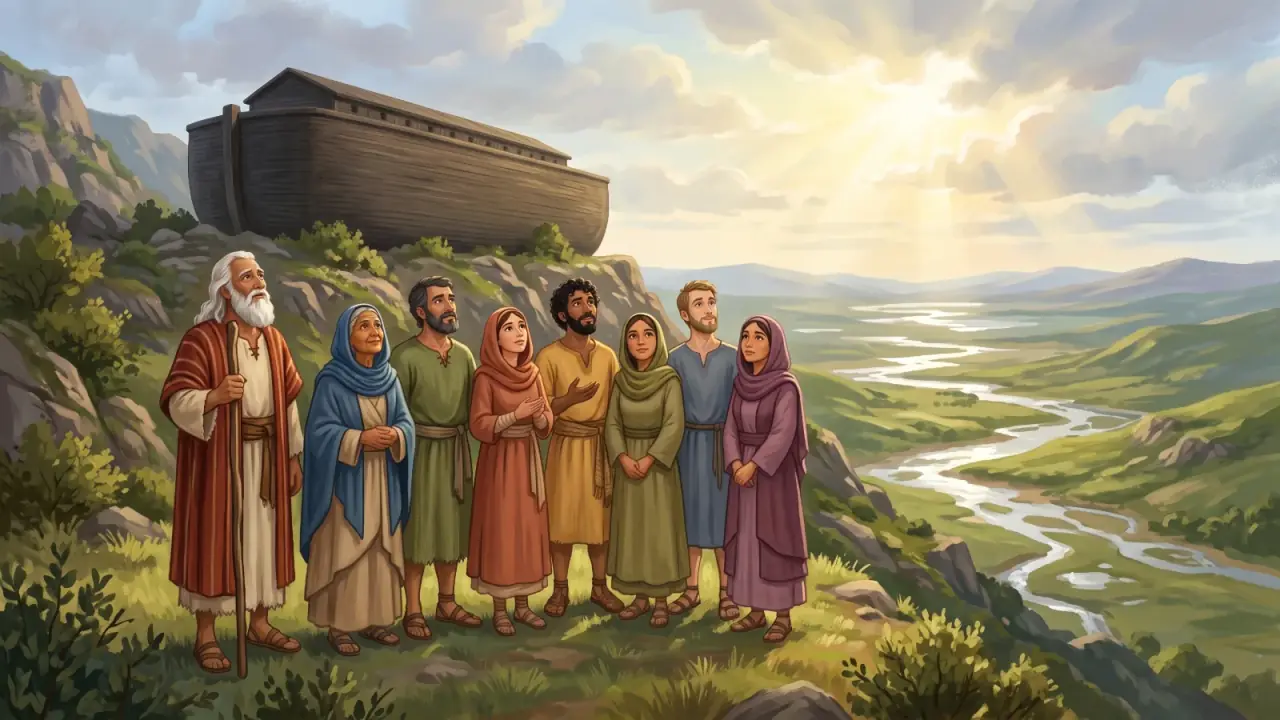 Noah’s family standing together above a green valley